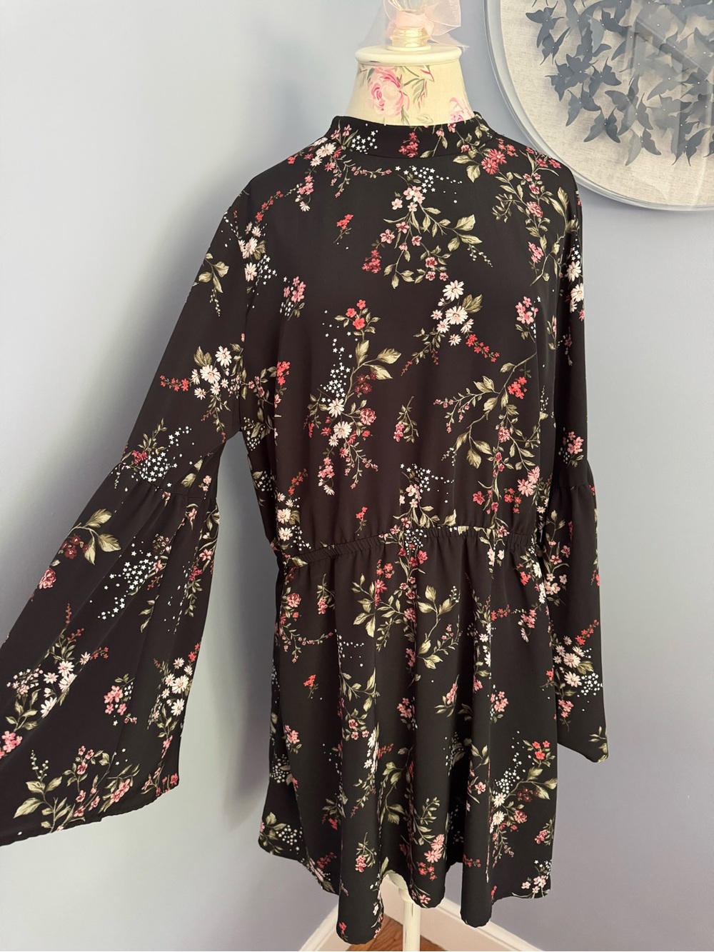 H&M Black Floral Mini Dress with Red and Cream Accents